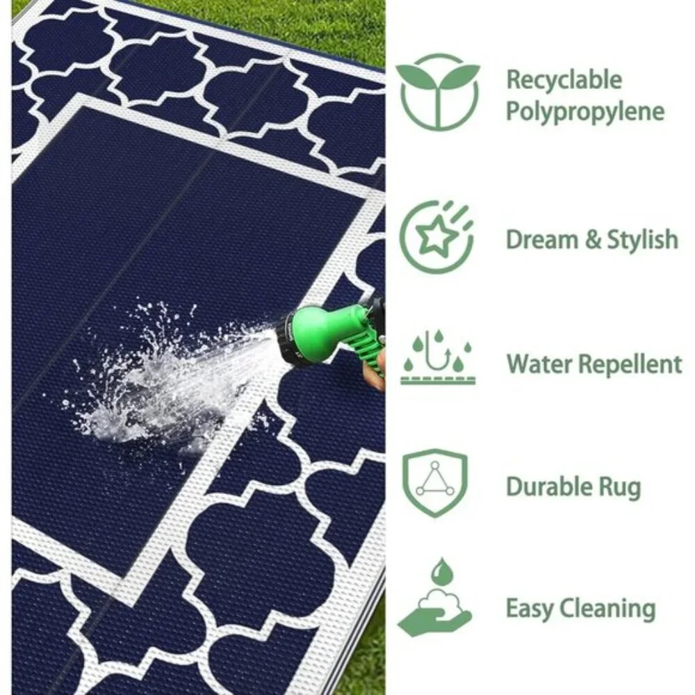 New 5x8 Outdoor Rug, Waterproof Reversible Blue White Mat for Patio & Camper